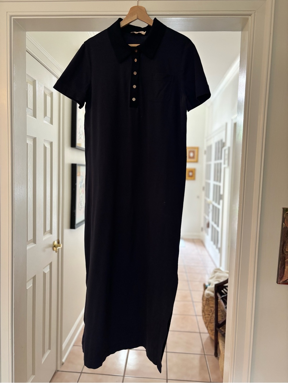 Tory Burch Navy Blue Polo Maxi Dress XL Gold Logo Buttons Cotton Casual